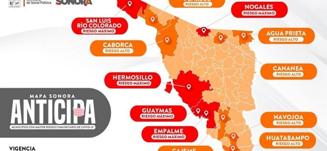 En riesgo máximo de COVID-19 cinco municipios de Sonora