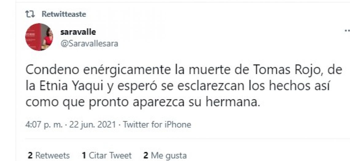 En un tuit, Sara valle condena la muerte Tomas Rojo y desea que “pronto aparezca su hermana”