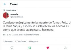 En un tuit, Sara valle condena la muerte Tomas Rojo y desea que “pronto aparezca su hermana”