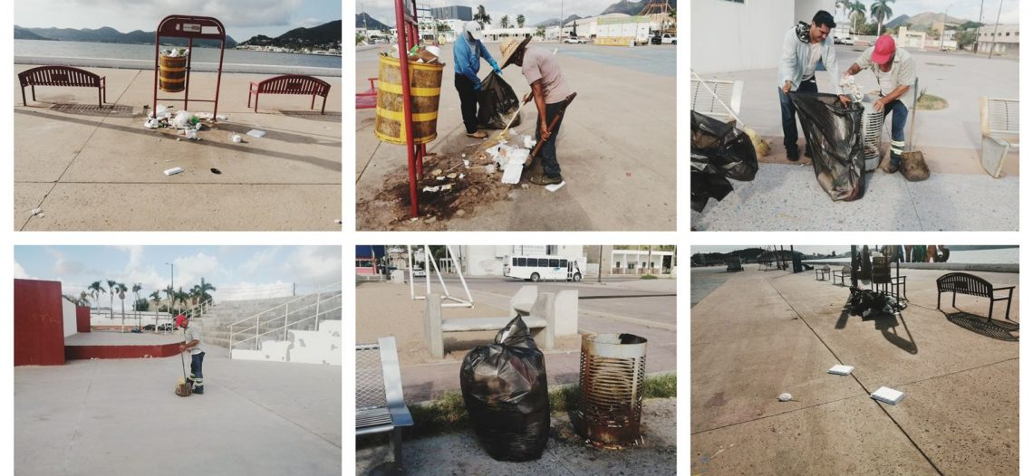 Limpieza del malecón, por parte Servicios Públicos Municipales para iniciar la semana.
