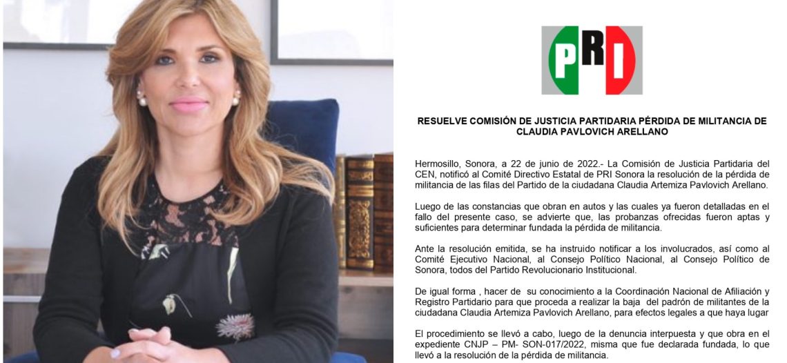 PIERDE SU MILITANCIA ANTE EL PRI LA EX GOBERNADORA CLAUDIA PAVLOVICH ARELLANO: COMISIÓN DE JUSTICIA PARTIDARIA