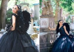Quinceañera realiza sesión de fotos en cementerio municipal con vestido negro y alas