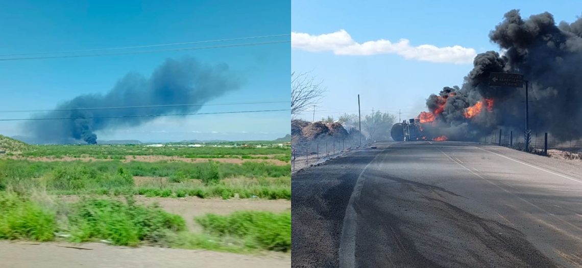 Se incendia Pipa de combustible luego de volcar en entronque que conduce a San José de Guaymas