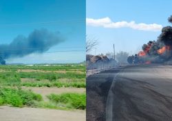 Se incendia Pipa de combustible luego de volcar en entronque que conduce a San José de Guaymas