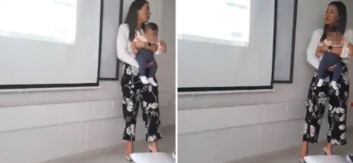 Maestra cuida al bebé de su alumna mientras da clase y el video se hace viral