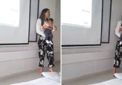 Maestra cuida al bebé de su alumna mientras da clase y el video se hace viral