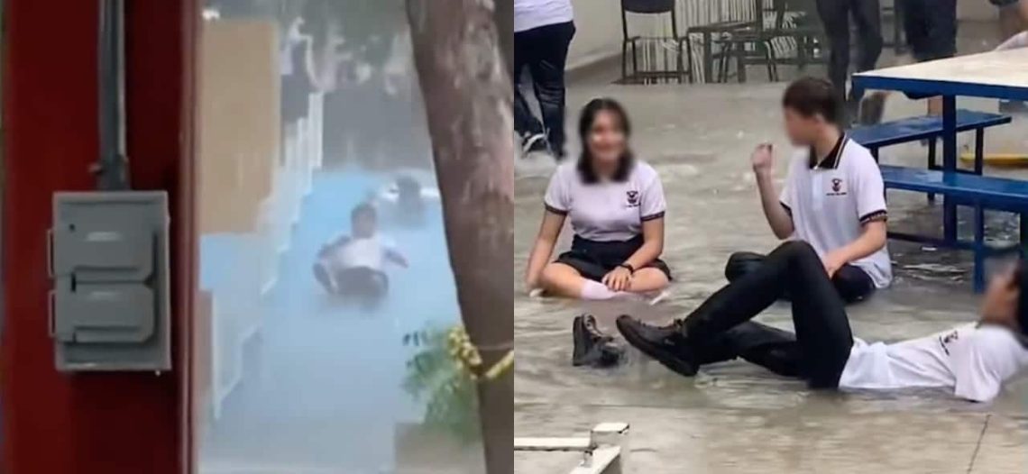 Alumnos usan preparatoria inundada en Culiacán como alberca: Videos