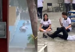 Alumnos usan preparatoria inundada en Culiacán como alberca: Videos