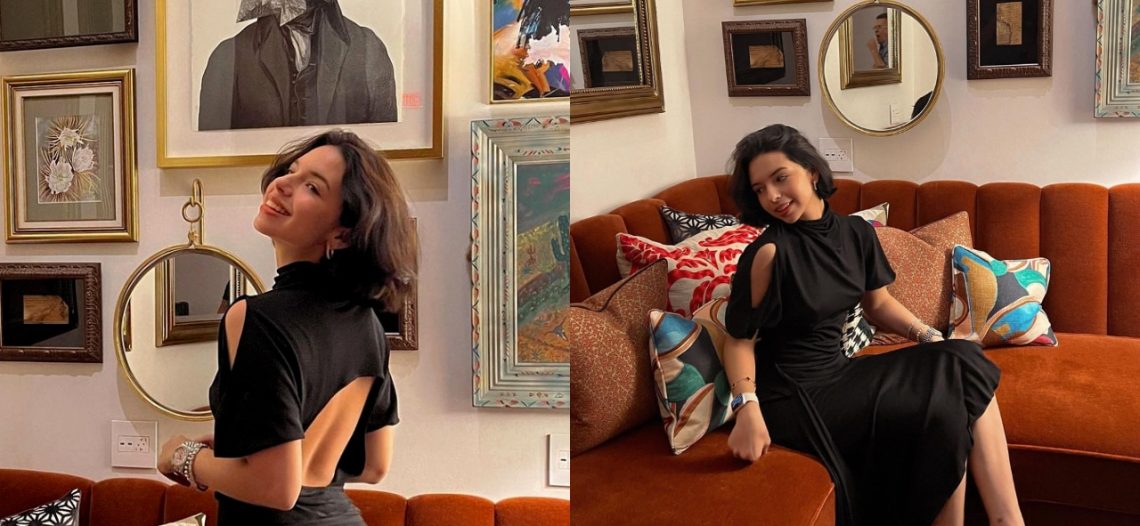 Ángela Aguilar posa con elegante vestido negro y tío le arruina la foto