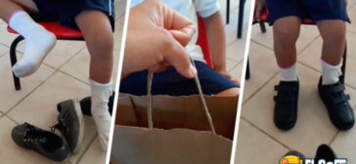 Maestra le regala unos zapatos nuevos a alumno y su tierna reacción se hace viral