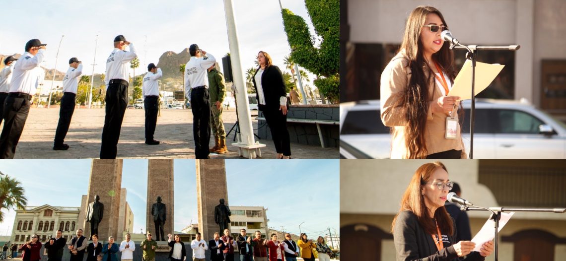 Celebra Ayuntamiento de Guaymas ceremonia de izamiento de Bandera en Plaza de los Tres Presidentes
