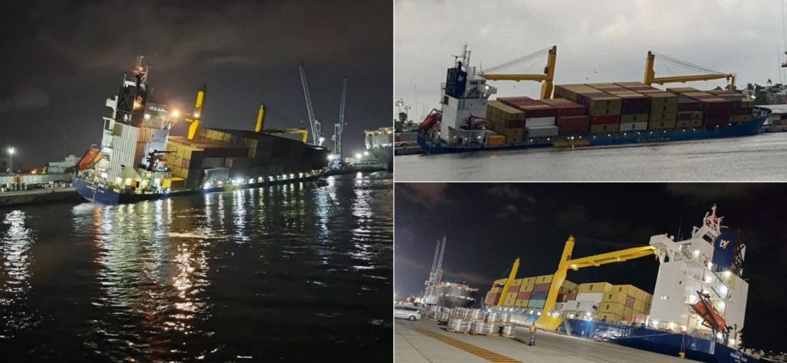 Se escora Buque Carguero en muelles fiscales de Mazatlán