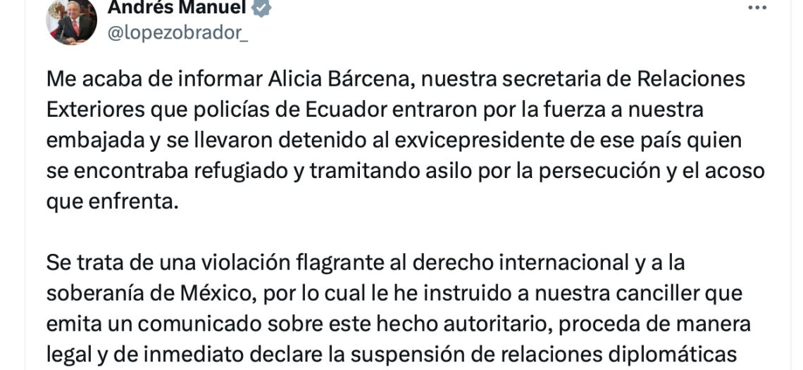 Presidente instruye rompimiento de relaciones diplomáticas con Ecuador