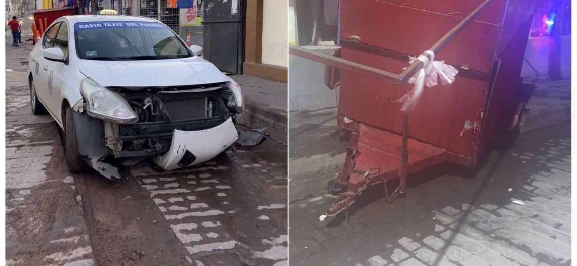 Choque entre taxi y carreta de tacos en pleno centro de Guaymas