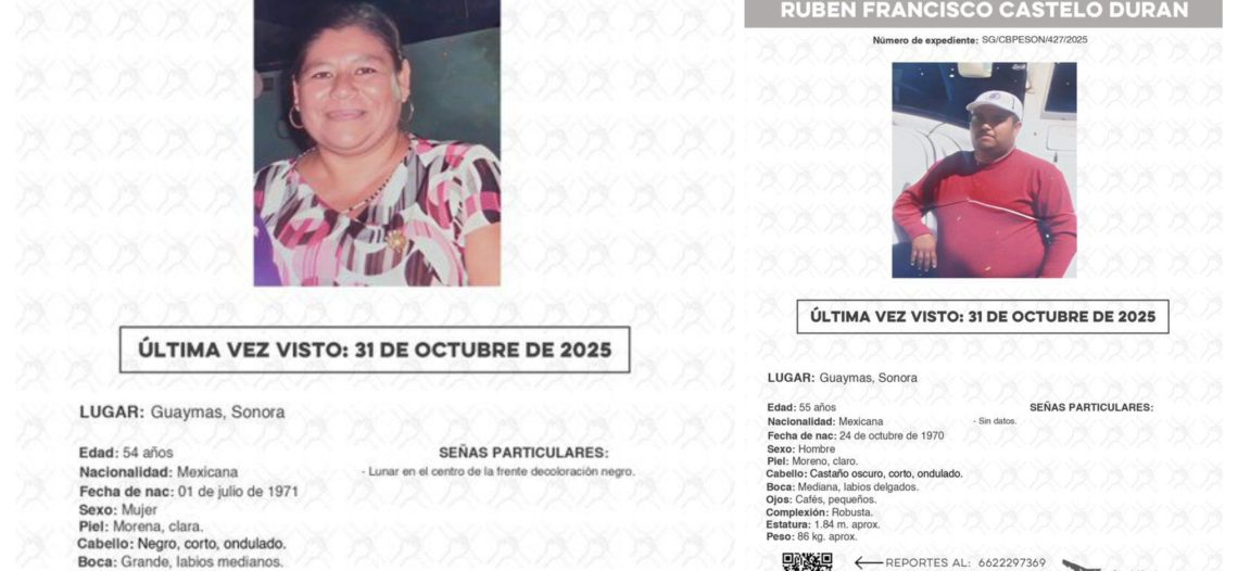 Pareja reportada como desaparecida en Guaymas es localizada sana y a salvo.