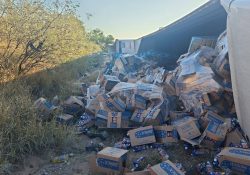 Se vuelca tráiler cargado con jugos en la carretera Santa Ana–Altar; se registra rapiña