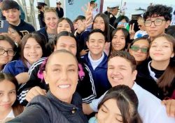 Estudiantes empalmenses acompañan a la presidenta Claudia Sheinbaum en hundimiento de buque