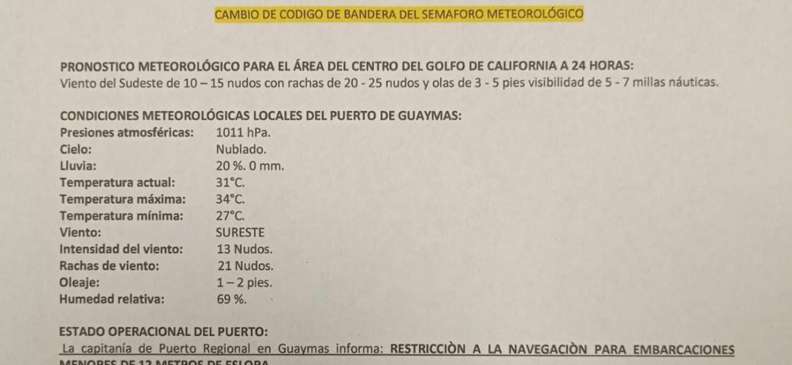 Capitanía de Puerto en Guaymas advierte sobre oleaje y viento