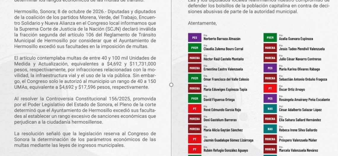 SCJN invalida disposición abusiva del Reglamento de Tránsito de Hermosillo por exceder facultades municipales